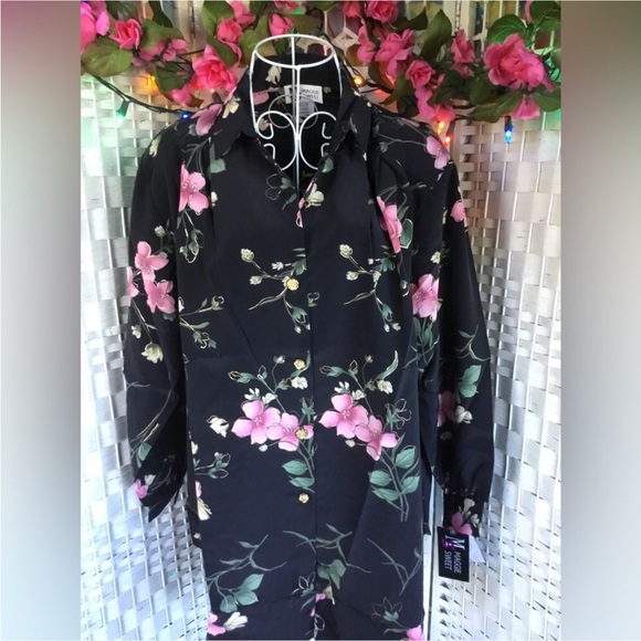 Vtg Maggie Sweet Black & Pink Floral Long Sleeve Blouse Vintage Button d… - Picture 5 of 9